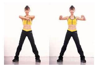拉肘展臂扩胸运动　1．胸前屈臂握拳向后拉肘2．胸前屈臂握拳向后展臂 3．1、2为一组动作完成，共10——12次